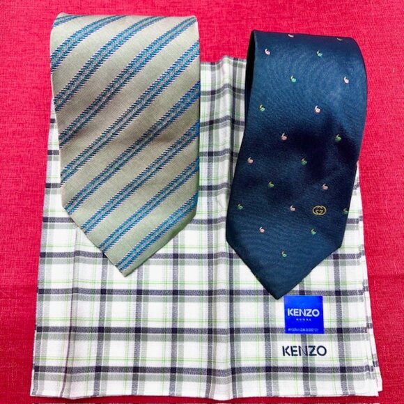 2 Neck Ties Silk:Gucci dark green & KT Homme +1 Kenzo Paris Handkerchief (40)
